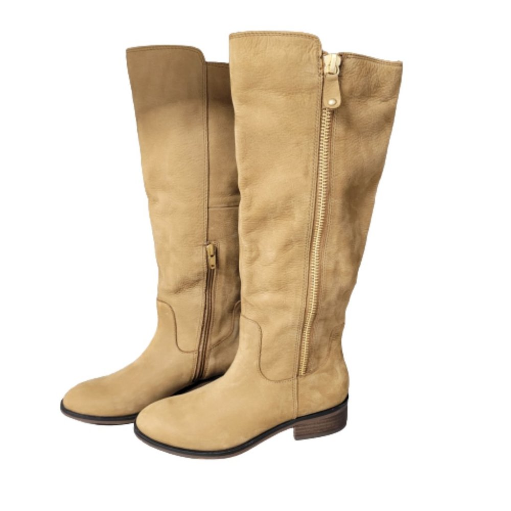 6 Aldo Mihaela Tan Leather Nubuck Knee Boots with Gold Zipper Detail
